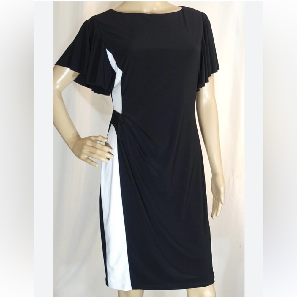 AMERICAN LIVING BLACK-WHITE COLORBLOCK SLINKY KNIT FLARED SLEEVE DRESS 6